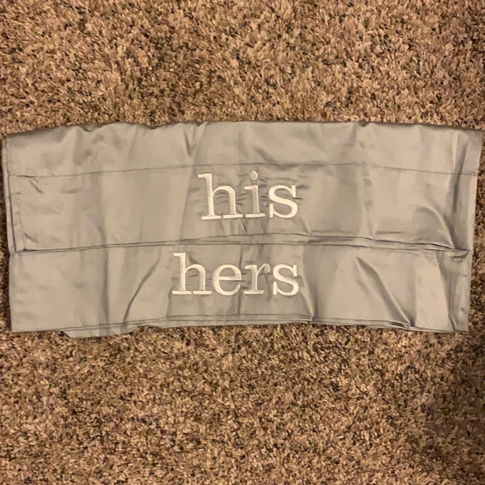 Standard size his/hers pillow cases. Gray silk material